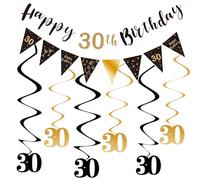 30th Happy Birthday Banner, Black and Gold Birthday Decoration for Women Men, 30th Birthday Party Decor with Birthday Bunting Flag, Triangle Flag, Hanging Swirls for 30th Birthday Party Decoration