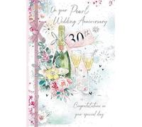 30th Milestone Pearl Anniversary Card - 30 Years - Flowers, Bottle of Bubbly and Ribbon with Foil Finish - Eco-Friendly and Recyclable - by Paper House