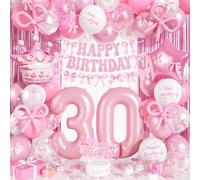 30th Pink Bow Birthday Decorations for Her, Coquette Party Decor Include 40 Inch Foil Number 30 Crown Star Balloons Double Stuffed Balloon Pink Bows Cake Topper Happy Birthday Banner Fringe Curtain