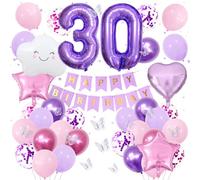 30th Purple Birthday Decorations for Girls, Pink Purple Party Decor with Number 30 Balloon, Butterfly Stickers, White Cloud Balloon, Star & Heart Foil Balloons, Birthday Banner Party Supplies