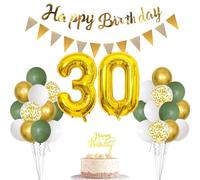 30th Sage Green Birthday Decorations for Women Men, Banner, Cake Topper, Number 30 Foil Balloon, Sage Green White Gold Confetti Balloon for 30th Birthday Celebrations Party Decoration