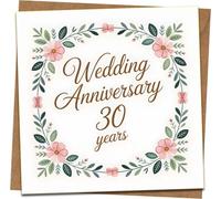 30th Wedding Anniversary Card, Floral Square Greeting Card, 145mm x 145mm, Includes Kraft Envelope, Elegant Script, Milestone 30 Years Celebration for Husband, Wife, Couples