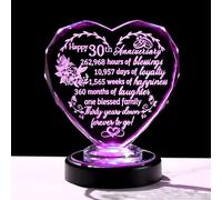 30th Wedding Anniversary Heart Gifts for Wife Her, Happy 30 Years Anniversary Wedding Glass Heart Keepsake with LED Light Wedding Presents for Parents Friends Women