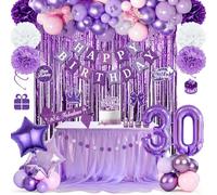 30th Women Purple Birthday Decorations,Happy Birthday Banner,Balloons,Purple Tinsel Curtain,Sash,Pompom,Hanging Swirl for Women Party Supplies