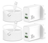 30W 2-Port Charger for iPhone 17 16 15 Pro Max Plus 16e, iPad 11th 10th A16, Google Pixel 10 9 8 7 Pro XL, Fast Charging USB C, Max 40W (30W+10W) Plug UK Wall Adapter Block + 2M Charger Cable 2-Pack