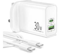 30W 2-Port Fast Charger for Google Pixel 10/9 Pro XL Fold 9a/8/8a/7/6/5/4/3, iPhone 17 16 15, Samsung Galaxy S25 S26, USB C Plug UK Charging Block PD-30W QC-30W Wall Power Adapter + 2M Type C Cable