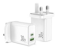 30W Charger Plug for iPhone 17 16 15 Pro Max Air, USB C Plug UK 2-Pack, 2-Port USBC/USB-A Fast Charger Block for iPhone 13 12 11 XS XR X, iPad, Galaxy, AirPods, Type C Power Adapter