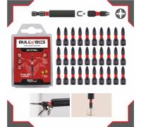 30x Bull Bits 25mm PZ1 Impact Screwdriver Bits Set - Pozi Pozidriv, Shock Zone, S2 Steel, Torsion Zone with Magnetic Bit Holder