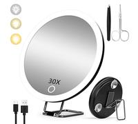 30x Magnifying Mirror with Light, 6inch Lighted 30x Magnified Mirror with Suction Cups & Table Stand, Travel Magnifying Mirror 30x with light, High Magnification Makeup Mirror with Tweezers & Scissors
