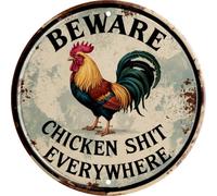 30x30 CM Chicken Decor Vintage Beware Chicken Shit Everywhere Rooster Wall Art Rustic Farmhouse Decor for Restaurants & Home Wall Mounted Vintage