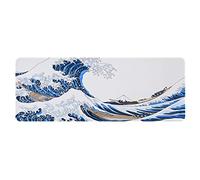 31.4"x11.8"Extended Large Gaming Mouse Pad,XL Large Non-Slip Rubber Base Mousepad with Stitched Edges,Waterproof Keyboard Mouse Mat Desk Pad,Japanese Sea Wave, White and Blue Tones