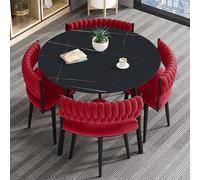 31.5" Round Dining Table Set - 4-Piece Modern Coffee Table & Chair Set for Living Room Kitchen Office - Stylish Wood Finish & Plush Red Fur Upholstery