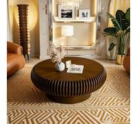31.5" Round Drum Coffee Table,Ribbed Coffee Table,Walnut | Fluted Wooden Coffee Table with Thick Tabletop,Side Table Round Wood With Sturdy Pedestal for Living Room,Easy Assembly