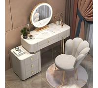 31.5" Solid Wood Dressing Table with Slate Top Flower-Shaped Smart Makeup Mirror & Side Cabinet Stylish Orange Vanity for Elegant Bedroom Decor