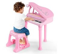 31 Keys Kids Piano and Stool Set, Kids Electronic Keyboard with Microphone, LED Teaching Mode and Record Playback, Toddlers Musical Instrument for Boys Girls 3+ Years Old (Pink)
