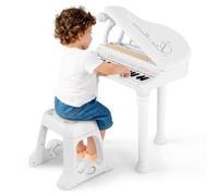 31 Keys Kids Piano and Stool Set, Kids Electronic Keyboard with Microphone, LED Teaching Mode and Record Playback, Toddlers Musical Instrument for Boys Girls 3+ Years Old (White)