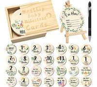 31 Pcs Wooden Baby Monthly Milestone Cards Double Sided Hello World Milestone Discs Pregnancy Journey Birth Announcement Sign Baby Boy and Girl Gift Sets
