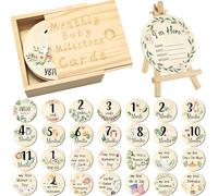 31 Pcs Wooden Baby Monthly Milestone Cards Double Sided Hello World Milestone Discs Pregnancy Journey Birth Announcement Sign Baby Boy and Girl Gift Sets