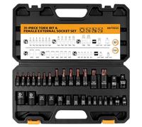 31-Piece Torx Bit Socket Set: Premium CR-V & S2 Alloy Steel, Star T8-T70 & E-Torx E4-E24, High Torque Laser Marked for Automotive Mechanic