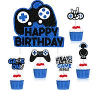 31 Piece Video Game Cake Toppers Happy Birthday Video Game Cupcake Picks Gaming Theme Cupcake Topper Birthday Party Banner Game Controller Birthday Party Game Backdrop for Kid Gaming (Blue)