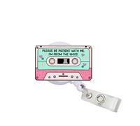 314PI Please Be Patient with Me, I’m from The 1900s 2" Badge Reels, Funny Alligator Clip Acrylic ID Badge Holder, Badge Lanyard, Retro Cassette Tape Accessories DIY for Friend Teachers Co-Workers