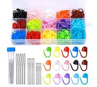 315 Pcs Stitch Needle Clip, 15 Colors Plastic Locking Stitch Needle Clip with 15 Pieces Big Eyes Blunt Sewing Needles Crochet Stitch Markers for Crocheting and Knitting DIY Handicraft Buckle Marker