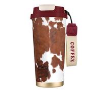 316 Stainless Steel Eco-Friendly Travel Office Mug Wall Travel Car Cup Coffee Cup with Lanyard, Animal Brown Cowhide Print Cow,Red