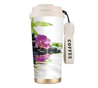 316 Stainless Steel Eco-Friendly Travel Office Mug Wall Travel Car Cup Coffee Cup with Lanyard, Asian Wellness with Zen Massage Stones Purple Orchid,White