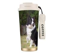 316 Stainless Steel Eco-Friendly Travel Office Mug Wall Travel Car Cup Coffee Cup with Lanyard, Bad Dog Border Collie,White