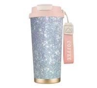 316 Stainless Steel Eco-Friendly Travel Office Mug Wall Travel Car Cup Coffee Cup with Lanyard, Bling Silver Printed Glitter,Pink