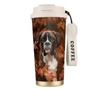 316 Stainless Steel Eco-Friendly Travel Office Mug Wall Travel Car Cup Coffee Cup with Lanyard, Boxer Dogs Autumn,White