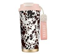 316 Stainless Steel Eco-Friendly Travel Office Mug Wall Travel Car Cup Coffee Cup with Lanyard, Brown Spots Cow Skin,Pink