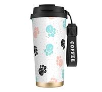 316 Stainless Steel Eco-Friendly Travel Office Mug Wall Travel Car Cup Coffee Cup with Lanyard, Dog Paw Print,Black