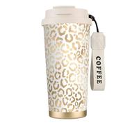 316 Stainless Steel Eco-Friendly Travel Office Mug Wall Travel Car Cup Coffee Cup with Lanyard, Elegant Gold White Leopard Cheetah,White