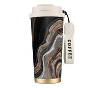 316 Stainless Steel Eco-Friendly Travel Office Mug Wall Travel Car Cup Coffee Cup with Lanyard, Elegant Black Marble with Gold and Copper Veins,White