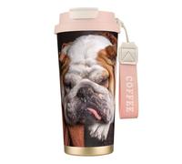 316 Stainless Steel Eco-Friendly Travel Office Mug Wall Travel Car Cup Coffee Cup with Lanyard, English Bulldogs Muzzle Pets Sleeping Dogs,Pink