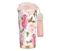 316 Stainless Steel Eco-Friendly Travel Office Mug Wall Travel Car Cup Coffee Cup with Lanyard, Floral Flower Rose Pink,Pink