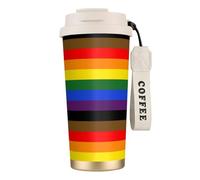 316 Stainless Steel Eco-Friendly Travel Office Mug Wall Travel Car Cup Coffee Cup with Lanyard, Gay Pride Rainbow LGBT Flag,White