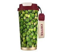 316 Stainless Steel Eco-Friendly Travel Office Mug Wall Travel Car Cup Coffee Cup with Lanyard, Green Brussel Sprout Print,Red