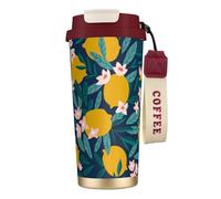 316 Stainless Steel Eco-Friendly Travel Office Mug Wall Travel Car Cup Coffee Cup with Lanyard, Lemon Tropical Flower Floral,Red