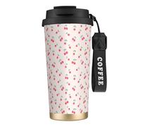 316 Stainless Steel Eco-Friendly Travel Office Mug Wall Travel Car Cup Coffee Cup with Lanyard, Lovely Sweet Red Cherry Printed,Black