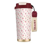 316 Stainless Steel Eco-Friendly Travel Office Mug Wall Travel Car Cup Coffee Cup with Lanyard, Lovely Sweet Red Cherry Printed,Red