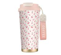 316 Stainless Steel Eco-Friendly Travel Office Mug Wall Travel Car Cup Coffee Cup with Lanyard, Lovely Sweet Red Cherry Printed,Pink