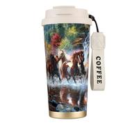 316 Stainless Steel Eco-Friendly Travel Office Mug Wall Travel Car Cup Coffee Cup with Lanyard, Native American Indians Horses,White