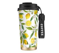 316 Stainless Steel Eco-Friendly Travel Office Mug Wall Travel Car Cup Coffee Cup with Lanyard, Patterned Exotic Lemon Tree Branches Yummy Delicious,Black