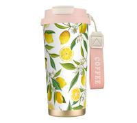 316 Stainless Steel Eco-Friendly Travel Office Mug Wall Travel Car Cup Coffee Cup with Lanyard, Patterned Exotic Lemon Tree Branches Yummy Delicious,Pink