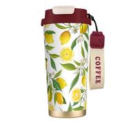 316 Stainless Steel Eco-Friendly Travel Office Mug Wall Travel Car Cup Coffee Cup with Lanyard, Patterned Exotic Lemon Tree Branches Yummy Delicious,Red