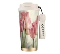 316 Stainless Steel Eco-Friendly Travel Office Mug Wall Travel Car Cup Coffee Cup with Lanyard, Pink Tulips Printed,White