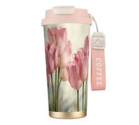 316 Stainless Steel Eco-Friendly Travel Office Mug Wall Travel Car Cup Coffee Cup with Lanyard, Pink Tulips Printed,Pink