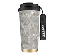 316 Stainless Steel Eco-Friendly Travel Office Mug Wall Travel Car Cup Coffee Cup with Lanyard, Quatrefoil Moroccan Mother of Pearl,Black